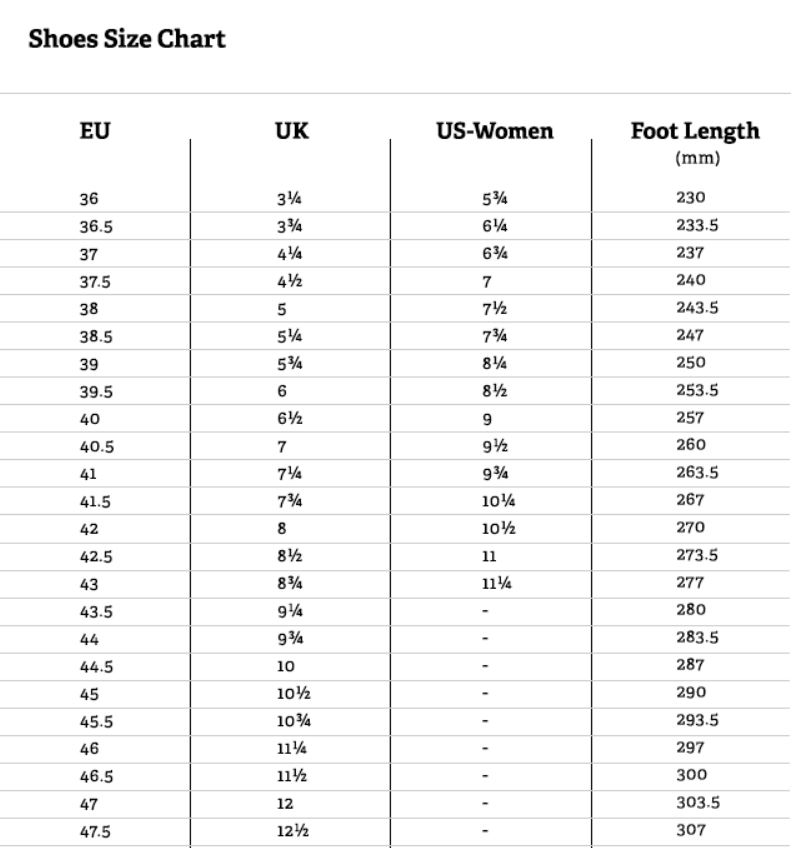 road bike shoe size chart